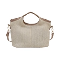 Schicke beige gewebte Stroh-Tragetasche mit braunen Ledergriffen und Schultergurt - Khaki