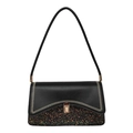 Chic black leather handbag with colorful sequined base and golden clasp closure - Black