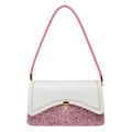 Pink and white contrast shoulder bag with glitter finish and golden metal buckle lock - Pink