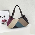 Bolso tote vintage de lona con patchwork multicolor y diseño geométrico en V con remaches - Azul