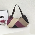 Bolso tote de lona retro con patchwork color burdeos y asas de cuero resistentes - Morado