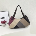 Bolso tote vintage de lona con diseño de patchwork multicolor y asa de cuero - Gris