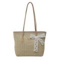 Borsa tote da spiaggia in paglia con manici in pelle e fiocco di pizzo bianco - Taglia unica / Cachi