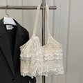 Elegante witte kanten geweven draagtas met bloemenpatronen en delicate striklinten - Wit met hanger