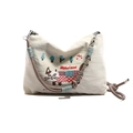 Large capacity canvas shoulder bag with cat embroidery and woven rope strap - White