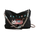 Large black canvas tote bag with colorful cat embroidery and rope crossbody strap - Black