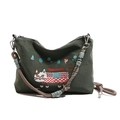 Dark green canvas crossbody bag with cat embroidery and thick rope shoulder straps - Green