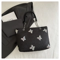 Black quilted tote bag with colorful embroidered butterflies and metal chain handles - Black (TY6746)