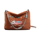 Caramel brown embroidery tote bag with cartoon cat and woven rope shoulder strap - Brown