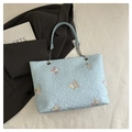 Light blue jacquard tote bag featuring colorful butterfly embroidery and chain straps - Blue (TY6746)