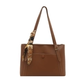 Bolso tote grande de cuero marrón con pespuntes blancos y pañuelo de seda en el asa - Tostado