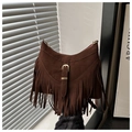 Detail of dark brown suede shoulder bag with long fringes and metal square buckle - Coffee