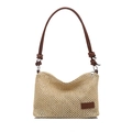 Petit sac carré en paille tressée avec bandoulière en cuir marron et détails noués - Marron
