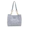 Hellblaue Shopper-Tasche mit schwarzen Schleifen, Faltenstruktur und Goldkette - Blau