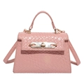 Pink mini crossbody Kelly bag with crocodile embossed texture and golden buckle lock - Pink