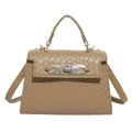 Light khaki animal embossed trapezoidal handbag with gold lock and adjustable strap - Khaki