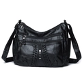 Black vintage soft leather shoulder bag with multiple zippers and woven details - Black