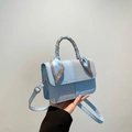 Elegant light blue small square crossbody bag with patchwork design and silk scarf handle - Blue