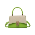 Green leather and beige canvas color-block handbag with golden metal lock and shoulder strap - Green