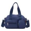 Deep blue multi-pocket nylon travel shoulder bag with adjustable strap on white background - Blue