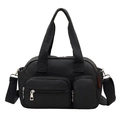 Black nylon crossbody bag featuring multi-functional zipper pockets and wide woven handles - Black