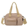 Beige nylon travel tote bag with dual front zippers and adjustable shoulder strap - Khaki