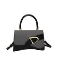 Grey textured handbag with black leather trim and a prominent gold D-shaped buckle - Black