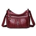 Versatile dark wine red soft leather shoulder bag with textured pebble finish and multi-zippers - Burgundy