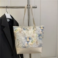 Floral embroidered chiffon canvas tote bag with fringe details and leather base - Beige