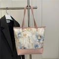 Floral chiffon canvas tote bag with pink leather handles and blue tulip embroidery detail - Pink