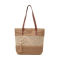 Bolso tote grande de paja tejida con rayas y asas de cuero sintético marrón - Caqui con Colgante
