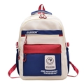 Contrast color school backpack in beige, navy, and red with large capacity pockets - Blue