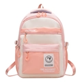 Pink and beige contrast laptop backpack with multi-pocket design and adjustable straps - Pink