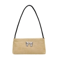 Beige gewebte Strohschultertasche mit schwarzem Riemen und silbernem Bogen-Dekor - Schwarz