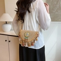 Borsa a tracolla intrecciata boho con nappe colorate e dettagli ricamati etnici - Cachi