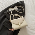 Chic beige crossbody square bag with woven textured flap and gold metal buckle - White