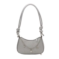 Silver sequin shoulder bag with decorative metal chain charms and knotted strap - Silver