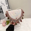 Bunte gewebte Strandtasche mit rosa Fransen und dicken Seilgriffen für Damen - Lila