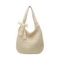 Beigefarbene gewebte Strandtasche mit Spitzenschleife und durchbrochenem Häkelmuster - Reisweiß Spitzen-Schleifen-Stil (Q9800)