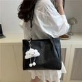 Black quilted patchwork tote bag with cute cloud charm and metal chain straps - Black With Pendant