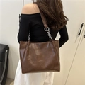Brown faux leather patchwork tote bag with stylish metal chain and leather shoulder strap - Coffee Without Pendant
