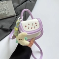 Mini cherry print crossbody bag in light purple and white with moon plush pendant - Purple with Pendant
