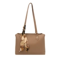 Minimalist large khaki tote bag with a decorative geometric silk scarf on the handle - Khaki