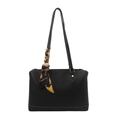 Elegant black tote bag with white stitching, gold hardware and decorative silk scarf - Black