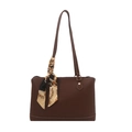 Dark brown tote bag with printed silk scarf detail and white contrast stitching - Dark Brown