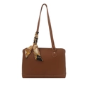 Brown faux leather tote bag with decorative silk scarf and contrast stitching detail - Tan