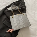 Bolso bandolera gris con relieve de serpiente y cadena dorada sobre un blazer negro - Plateado