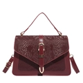 Retro burgundy snake-pattern square handbag with leather strap buckle and gold hardware - Red
