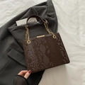 Bolso bandolera marrón oscuro con relieve de serpiente, cadena dorada y detalles metálicos - Marrón