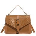 Tan faux snake skin panelled leather crossbody bag with golden metal buckle and top handle - Brown
